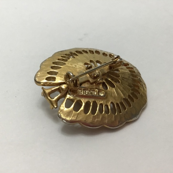 1960's Peacock Brooch, Pin, Lapel Pin-Gold Tone, Faux Ruby Rhinestone Crown - Picture 4 of 5